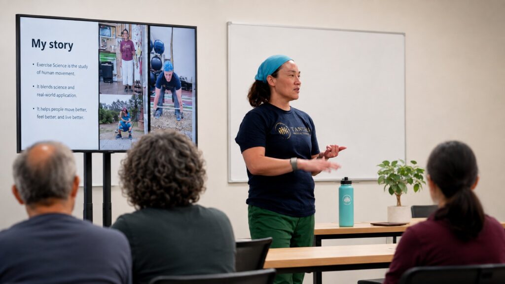 Lisa Strobridge teaching a nutrition and functional fitness class, presenting a slide titled My story to a small group
